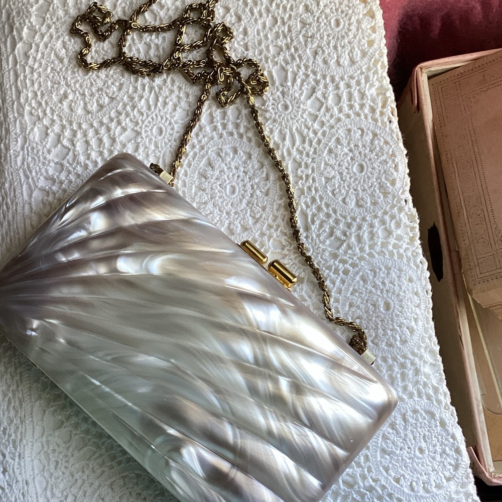 Lustrous Pearl Clutch with Gold Chain